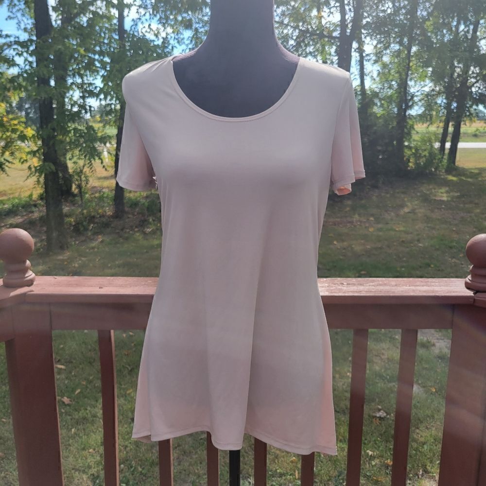Slinky Brand Beige Tunic Top Women’s Small – Stretch Scoop Neck Office Basic